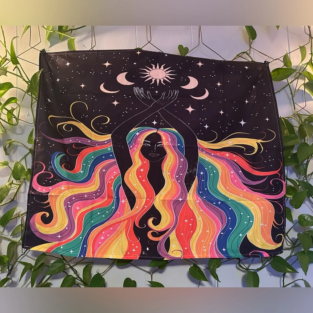 Rainbow Goddess moon phases sun solar tapestry she her flowing hair star moon